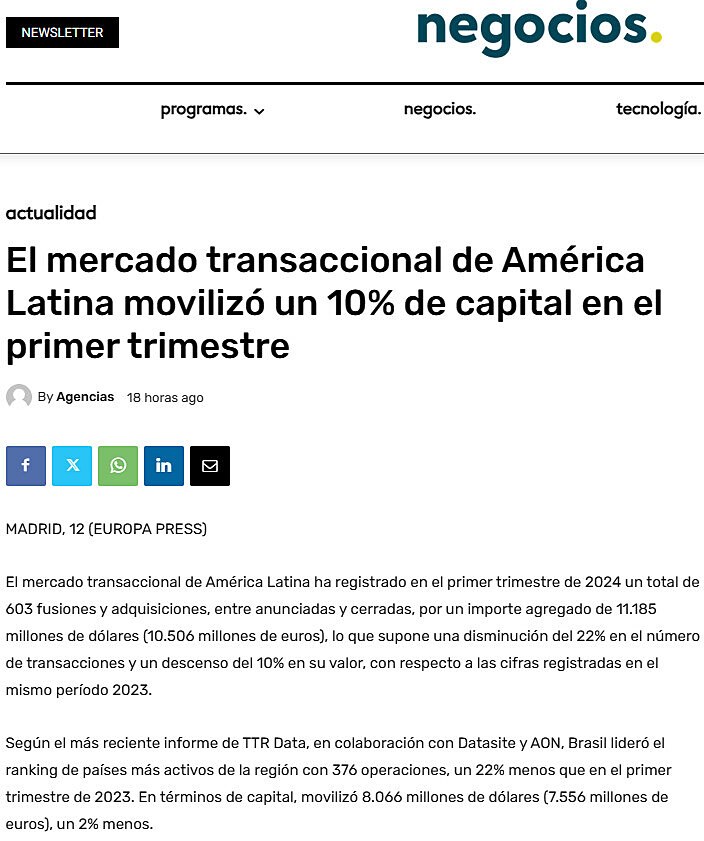 El mercado transaccional de Amrica Latina moviliz un 10% de capital en el primer trimestre